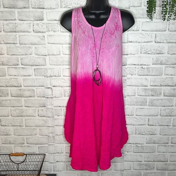 Pink Ombre Embroidered Bathing Suit Beach Coverup Dress Free Size Medium Large - Picture 1 of 6